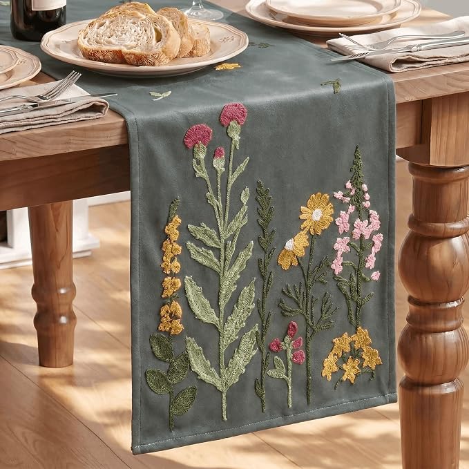 Artoid Mode Grey Soft Chain Embroidery Wild Floral Spring Table Runner by ArtoidMode