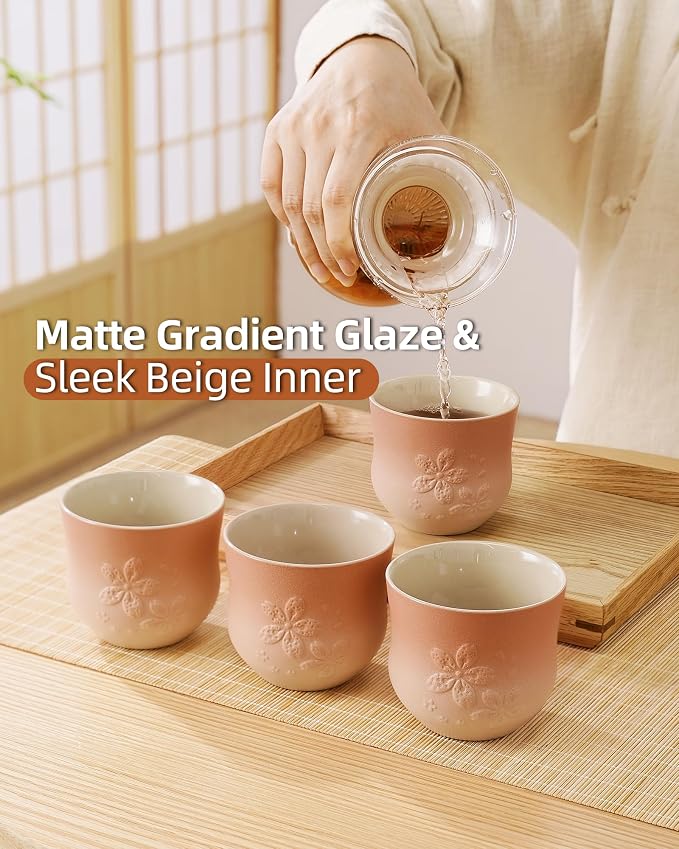 ZENS Japanese Tea Cups Set of 4 – 210ml Ceramic Handleless Tea Cups, Embossed - Image 3