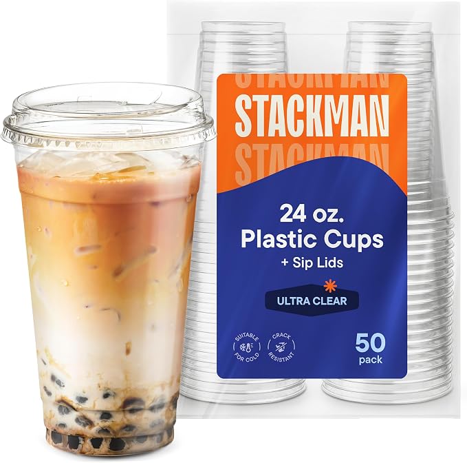 24 oz Clear Plastic Cups with Strawless Sip-Lids PET Crystal Clear Disposable by StackMan