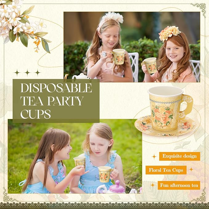 Nuogo 200 Pcs Floral Paper Tea Cups and Saucers 7 oz Disposable Paper Teacups - Image 6