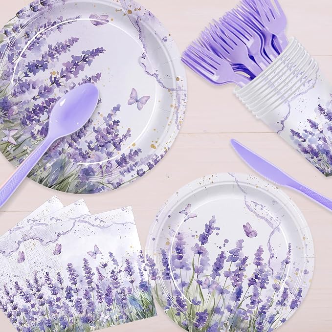 168pcs Purple Lavender Floral Paper Plates Napkins Party Supplies Serve 24 | - Image 5