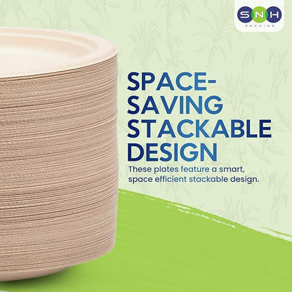 SNH Packing 100% Compostable Plates 7 Inch [125-Pack], Heavy Duty Dinner Paper Plates, Eco-Friendly Biodegradable Sugarcane Bagasse, Natural Brown Disposable Plates for Dessert, Party, BBQ & Picnic