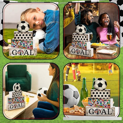 Moucuny 4 Pcs Soccer Table Decor Wooden Sport Tiered Tray Decor National Flags - Image 5