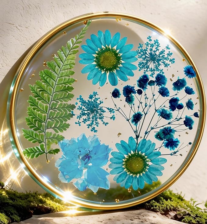 Oqplog Resin Drink Coasters for Desk Coffee Table-Blue Cute Dried Flowers Cup by Oqplog