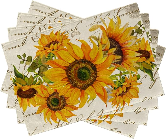 Seliem Fall Sunflower Placemats Set of 4, Spring Summer Yellow Floral | Flowers by Seliem