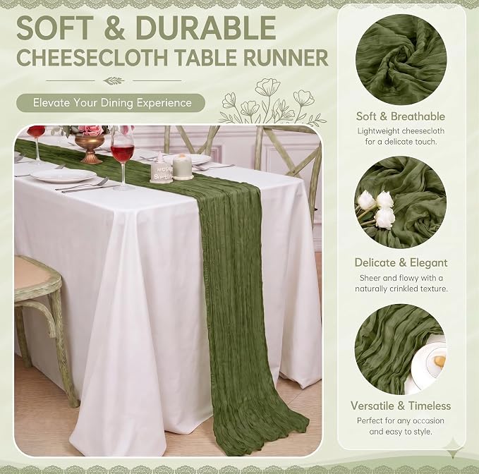 2 Pack Olive Green Cheesecloth Table Runner 17x108 Inch Boho Rustic Semi Sheer - Image 4