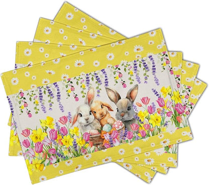 Floral Bunny Placemats - Happy Easter Place Mats Set of 4 Spring Rabbit Daisy Tulip Flowers Tablemats 12x18 for Party Kitchen Farmhouse Yellow