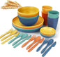 Wrova Wheat straw plates and bowls sets with cutlery - Unbreakable wheat straw dinnerware sets of 28 - Microwave safe plates,bowls,cups for camping,kitchen,new apartment.Colorful