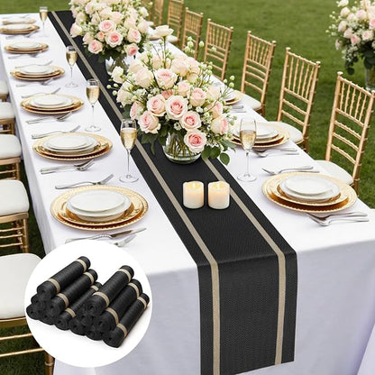 FAVE 12 Pack Woven Vinyl Table Runners 120x12 Inch Black by FAVE