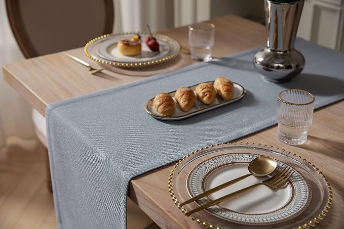 Burlap Style Farmhouse Table Runner, 14x108 Inches Light Dusty Blue | Thick - Image 4