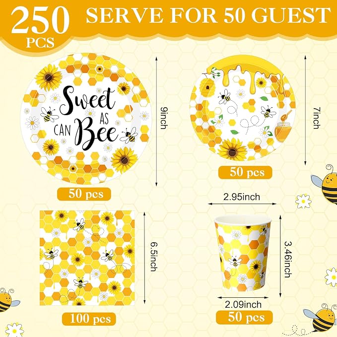 Funnymoom 250 Pcs Bee Party Decoration Sweet as Can Bee Paper Plates Napkins - Image 3