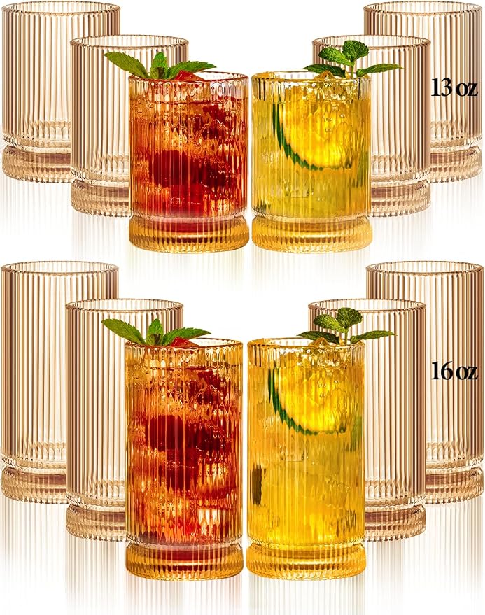 Ribbed Glassware Vintage Drinking Glasses 12Pcs Set （6 Highball Glasses 16Oz by Megarte