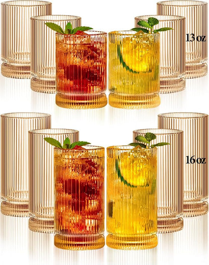 Ribbed Glassware Vintage Drinking Glasses 12Pcs Set （6 Highball Glasses 16Oz by Megarte