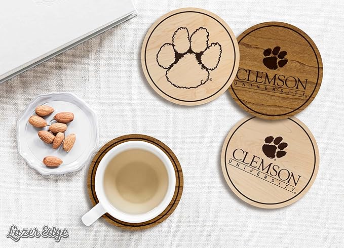 LazerEdge Clemson Tigers Wooden Coaster Set - Cherry Wood - Officially Licensed Product - 4-Pack