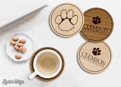 LazerEdge Clemson Tigers Wooden Coaster Set - Cherry Wood - Officially Licensed Product - 4-Pack