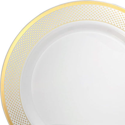 OCCASIONS 120 Plates Pack,(60 Guests) Heavyweight Premium Wedding Party Disposable Plastic Plates Set -60 x 10.5'' Dinner + 60 x 7.5'' Salad/Dessert (Sundance White & Gold Rim)