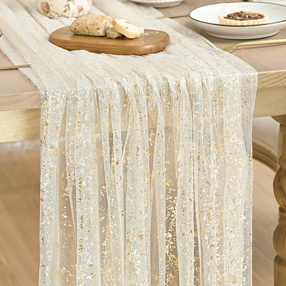 Artoid Mode Beige Gold Gauze Table Runner 59x120 Inch 10FT, Glitter Metallic Foil Sheer Dining Wedding Anniversary Holiday Birthday Table Decor for Home Party