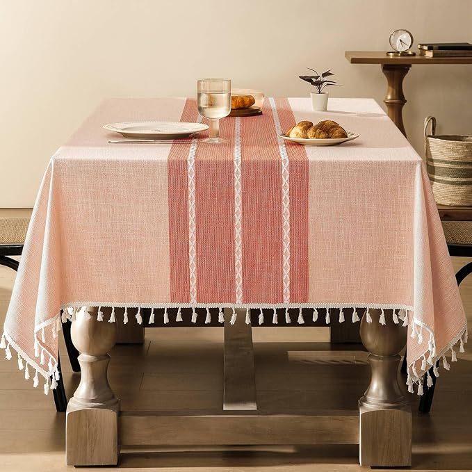ZeeMart Contrast Linen Table Cloth Rectangle Table Cloths 52x70 Inch Orange, Farmhouse Style Heavy Weight Burnt Orange Fall Tablecloth, Water Resistant Burlap Tablecloths