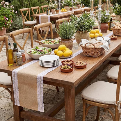 Tatuo 12 Pcs Lace Burlap Table Runner 12'' x 72'' Rustic Jute Hessian Farmhouse - Image 6