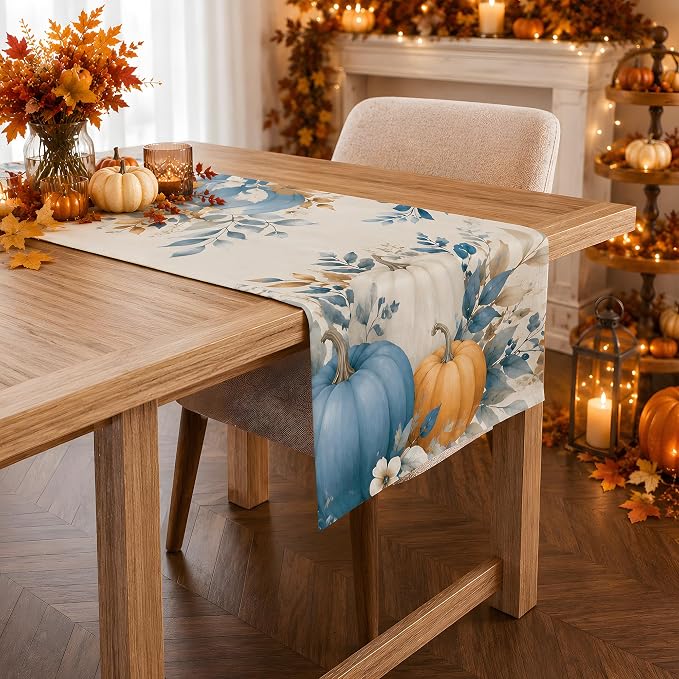 Fall Decor - Blue White Pumpkin Table Runner - Image 4