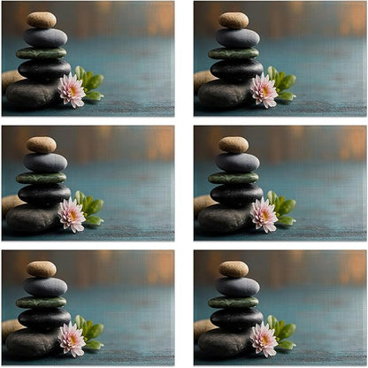 Spa Stones 12x18 Inch Placemats Set of 6 - Waterproof, Non-Slip & Washable Garden Flower Table Mats for Kitchen & Dining Table Placemats