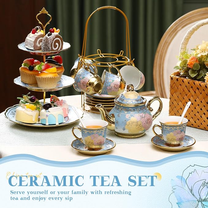 21 Pcs Ceramic Teapot Set Vintage Porcelain Tea Cups - Image 5