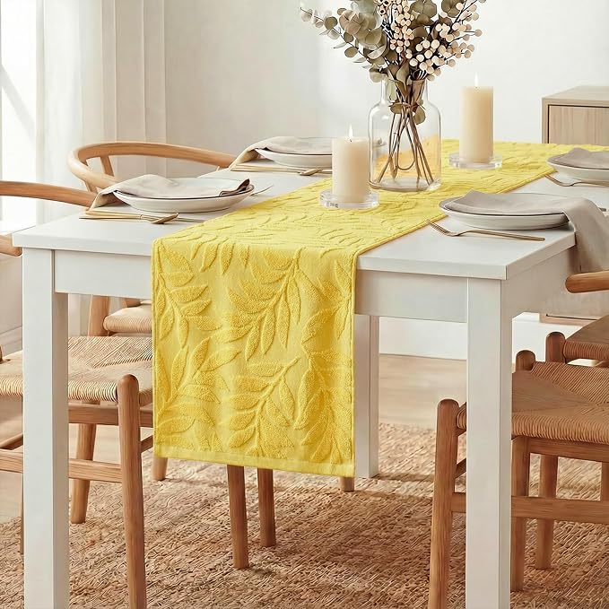 Artoid Mode Yellow Soft 3D Jacquard Leaves 100%Cotton Spring Table Runner - Image 3