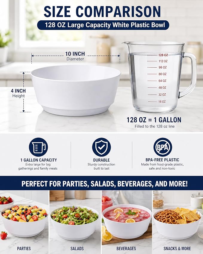 8 Pack Plastic Serving Bowls 128oz White Plastic Bowls Heavy Duty Disposable - Image 2
