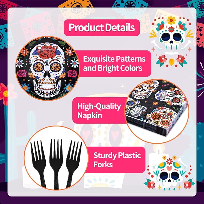 96 Pieces Day of the Dead Tableware Set - Image 3