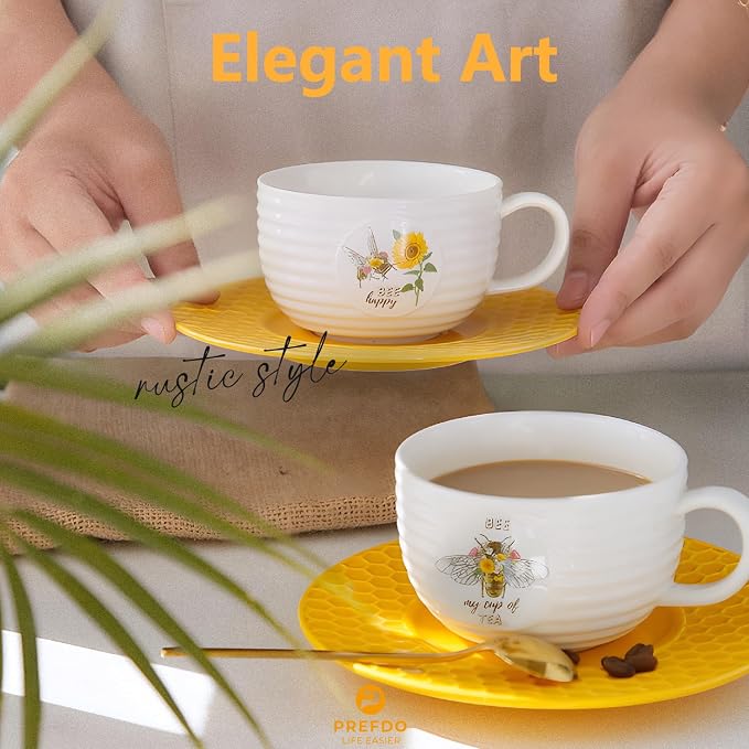 Porcelain Tea Cups and Saucers Set of 2, Honey Bee Pattern Ceramic Tea Cup - Image 5