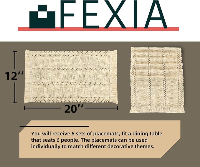 Boho Placemats Set of 6 Table Mats Farmhouse Home Dining Decor | 12x20" Place - Image 2
