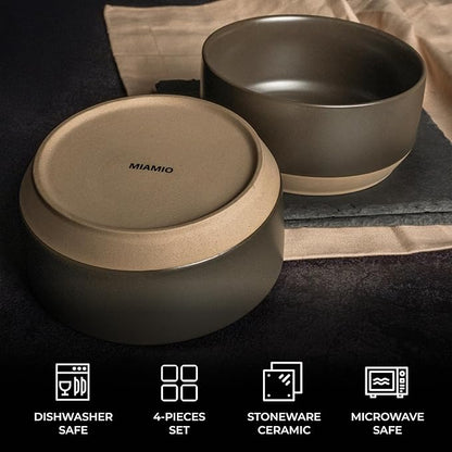 MIAMIO – Bowl Set of 4 / Ceramic Bowl Set (30 oz) for Pasta, Ramen, Cereal, Salad – Dishwasher and Microwave Safe – Sierra Collection (Dark, Bowls (4x))