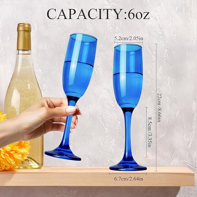 Champagne Flutes Glasses Set of 6-6oz Elegant Blue Glass, Unique Blue Colored Long Stem Champagne Flute Gift for Wedding, Anniversaries, Parties, Birthday, Restaurant, Home Bar