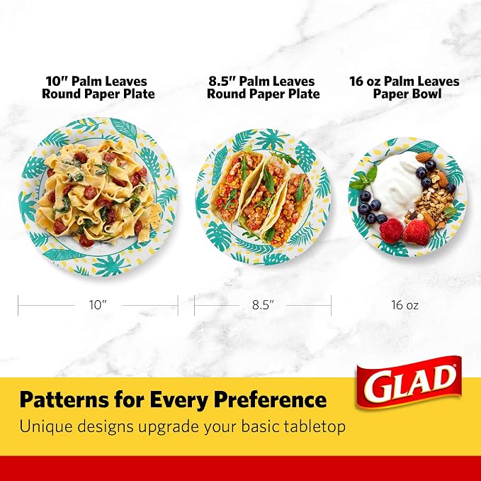 Glad Round Disposable Paper Bowls, Palm Leaves Pattern, 16 Oz, soak-proof and - Image 6