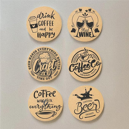 Coasters for Drinks with Holder Set of 6, Coffee Pattern Cork Coaster Absorbent for Desk Office Cup Table Coasters Kitchen Decor House Warming Gifts for New Home Couples, Round 4"
