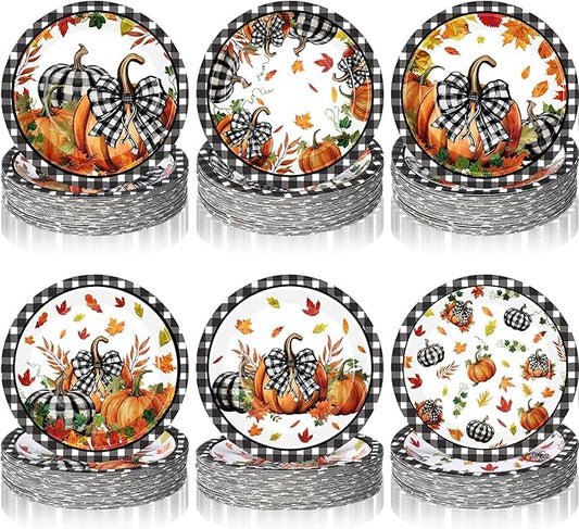 60 Pcs 7 Inch Fall Pumpkin Paper Plates Thanksgiving Black Buffalo Plaid Plates Decorations Orange Pumpkin Leaves Tableware for Thanksgiving Autumn Harvest Birthday Farmhouse Party Supplies