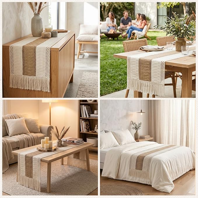 OurWarm Splicing Burlap Table Runner Farmhouse Style, Boho Table Runner Modern - Image 8