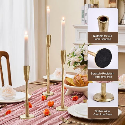 Cast Iron Taper Candle Holder Set of 3, Heavyweight Tall Candlestick Holders, Antique Gold, for Fireplace Mantle & Dining Table, Versatile Decor for Wedding, Holiday, Home & Christmas