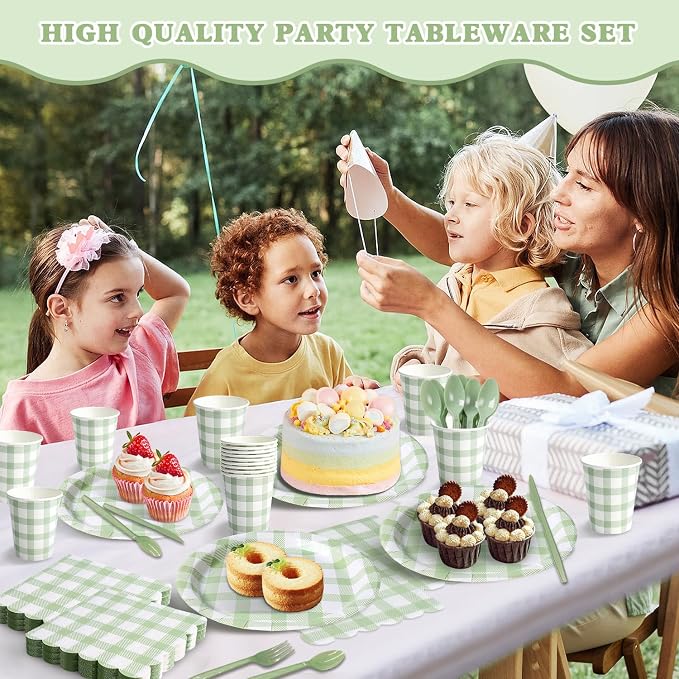 Vyntra 350 Pcs Sage Green Gingham Paper Plates and Napkins Set - Image 6