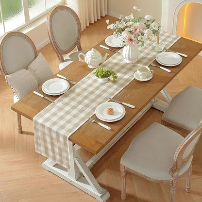 Laolitou Beige Checkered Table Runner, Cotton Linen Gingham Table Runners - Image 2