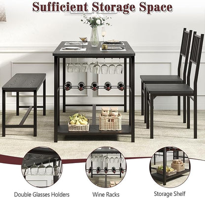 4 EVER WINNER Dining Table Set for 4, 55" Small Kitchen Table with Wine Rack & Wine Glasses Holder, Dining Room Table Set with 2 Chairs and Bench for Small Space, Black
