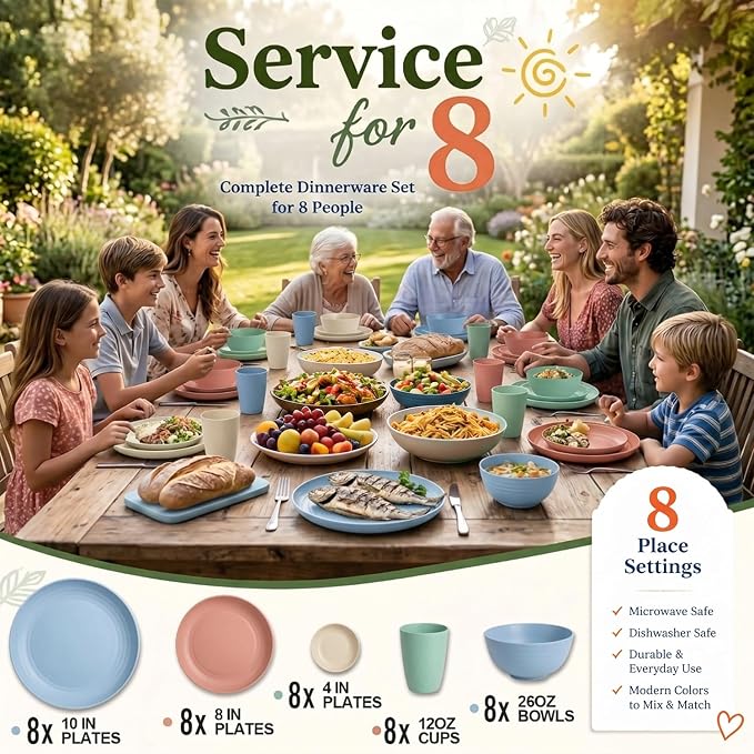 40PCS Dishes Set, Kids Plates and Bowls Set, Unbreakable Dinnerware Set | Wheat - Image 6