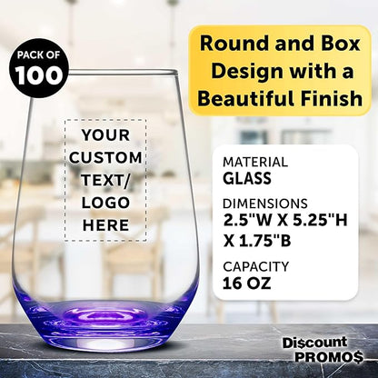 DISCOUNT PROMOS 100 Vaso Silicia Stemless Wine Glasses Set, 16 oz. - Personalized Text, Logo - Clear, Orb-Like, Thick base - Purple