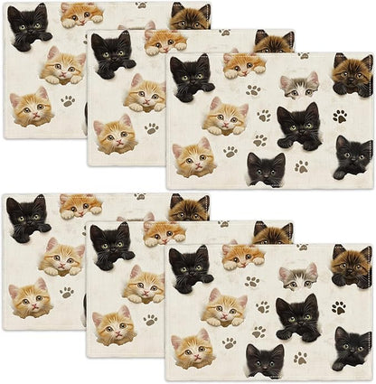 Cat Placemats Set of 6, Cute Black Cats Table Mats, Animal Washable Place Mats for Coffee Bar Home Party Indoor Kitchen Dining Table Decoration 12x18 Inch