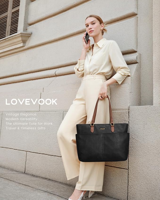 LOVEVOOK Work Tote Bags for Women, Vintage Leather 15.6 Inch Laptop Bag - Image 2