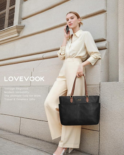 LOVEVOOK Work Tote Bags for Women, Vintage Leather 15.6 Inch Laptop Bag - Image 2