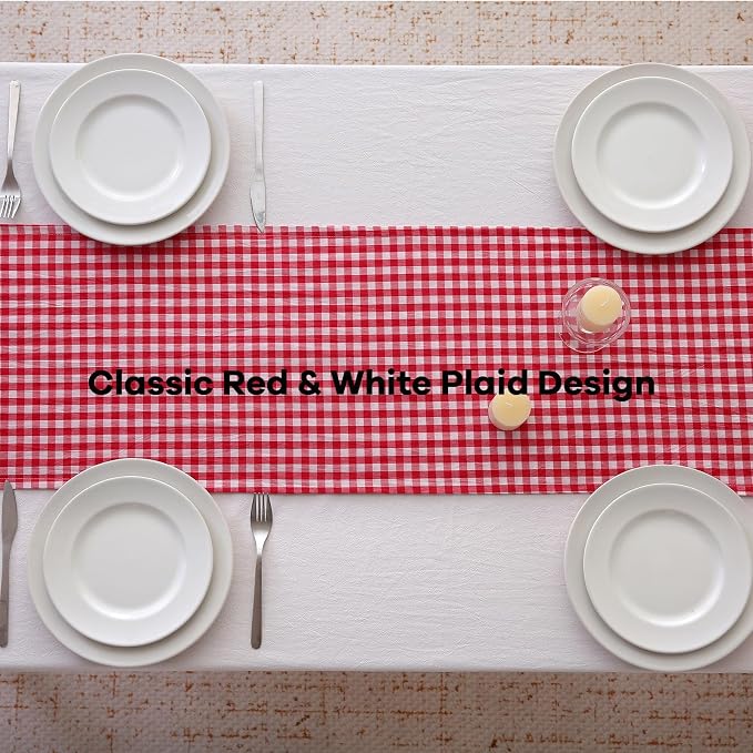 Red White Plaid Gingham Ruffle Table Runner 90 inches Long 100% Washed Cotton - Image 4