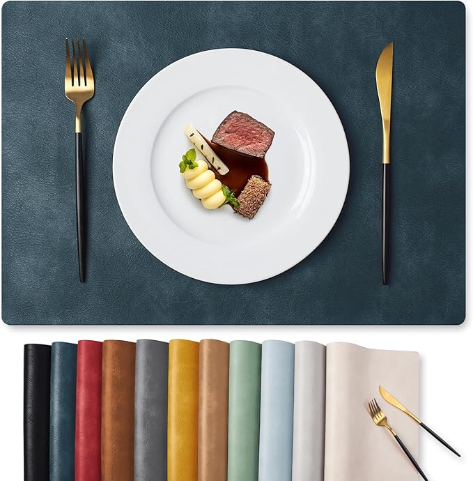MOSAYT Vinyl Placemats Set of 4-12 X 17 Inch - Faux Leather 100% Waterproof Oil-Proof Wipeable PU Place Mats, Heat Resistant Reversible Table Mats for Kitchen, Dining, Outdoor (Navy Blue)