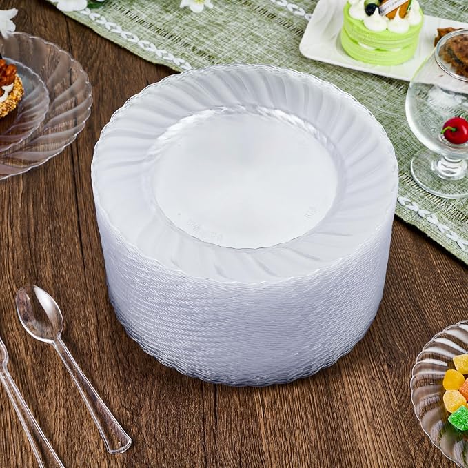 FOCUSLINE 100 Count Clear Plastic Plates 9 Inch, Disposable Heavy Duty Dinner - Image 6