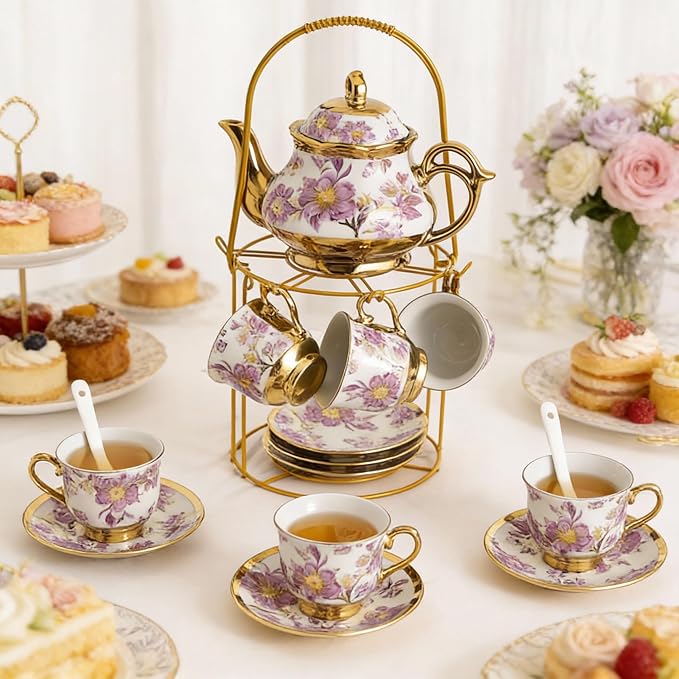 20 Pcs Porcelain Tea Set with Metal Holder, European Ceramic Tea Set - Image 8